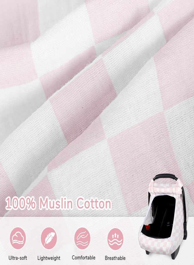 DAYEEBALL Summer Baby Car Seat Cover, Muslin Carseat Cover for Infant Boys Girls with Large Mesh Window, Breathable Newborn Car Seat Canopy, Pink Checkerboard - Image 2